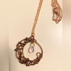 Red Copper Wire-Wrapped Circle Moon Pendant Necklace with Iridescent Teardrop